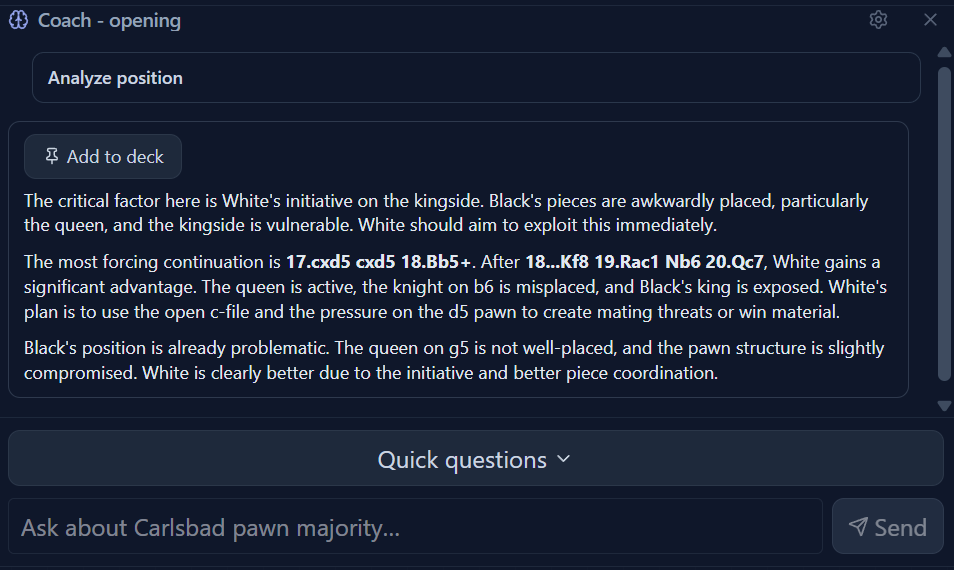 FlexiChess AI Coach analyzing an opening position with narrative explanation and suggested continuations