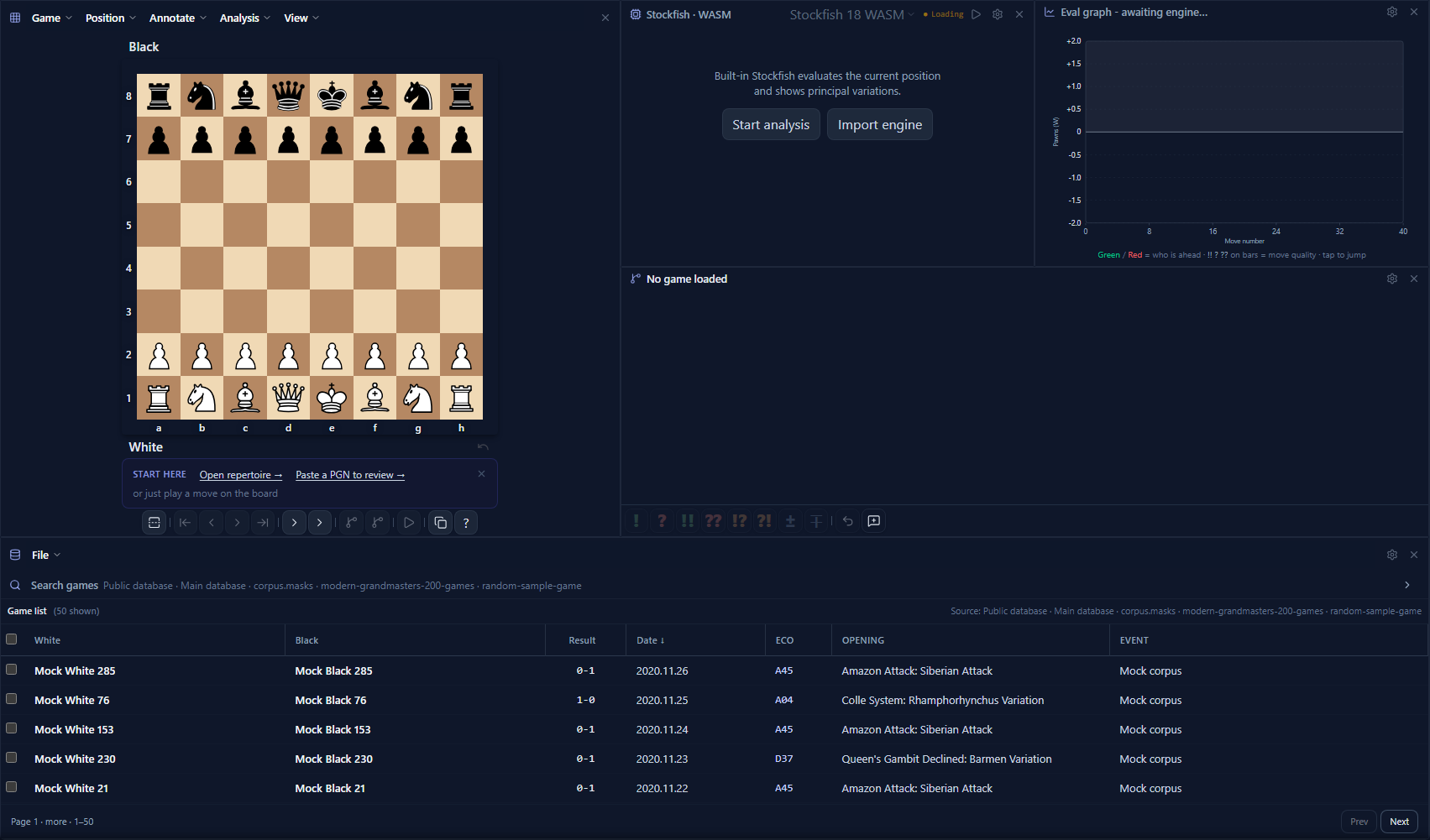 FlexiChess Game View workbench with board, Stockfish engine, eval graph, and game browser