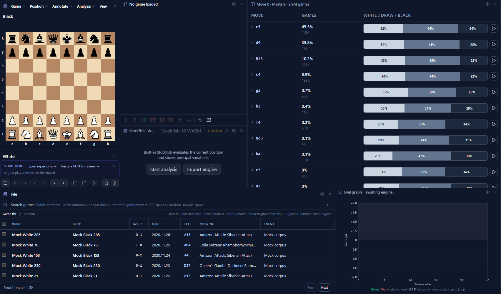 FlexiChess Opening Review workbench with board, opening explorer, engine, and game database
