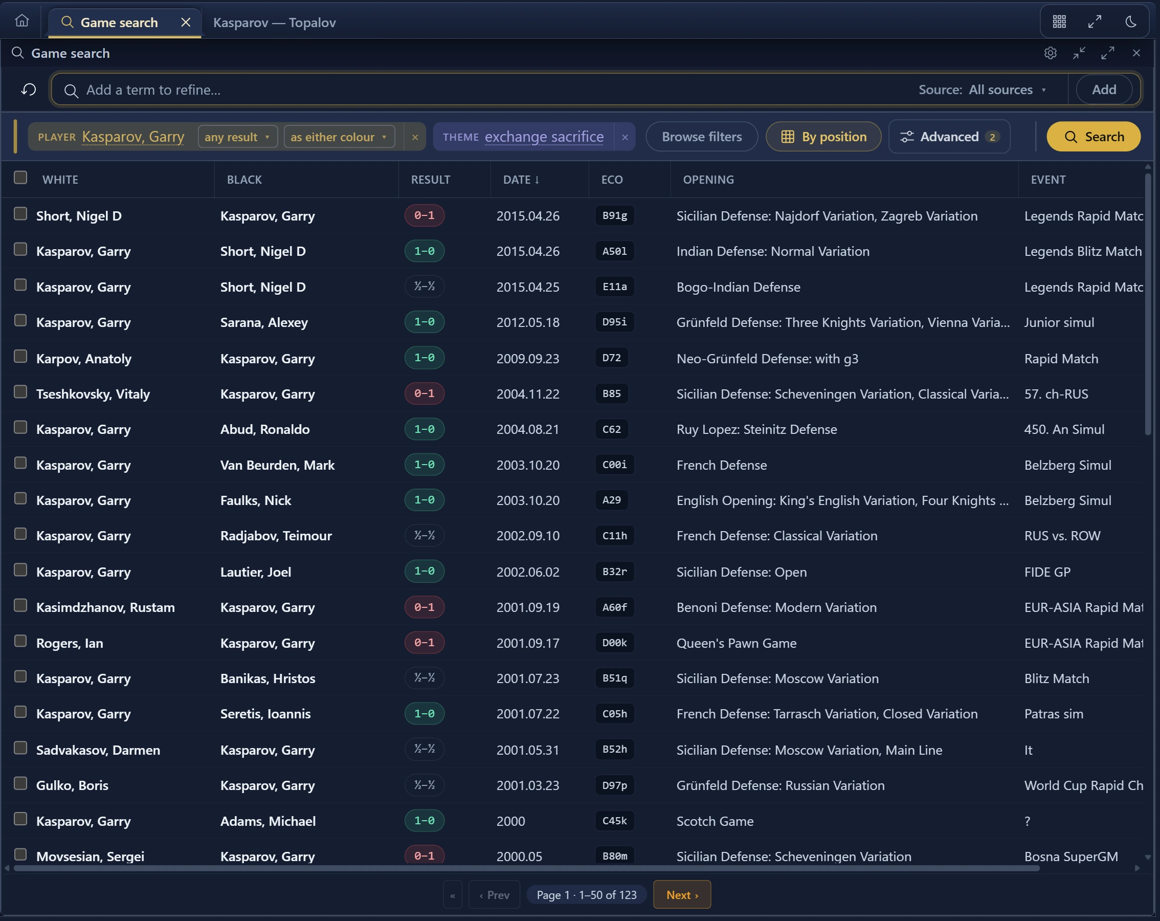 A search for Kasparov's exchange sacrifices. The typed query is parsed into a player chip and a theme chip, and the matching games are listed underneath with the result, date, ECO code, opening and event.